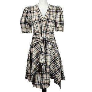 Derek Lam Plaid Handkerchief Hem Skirt Set 6 Coastal Cowgirl Puff Sleeves Preppy